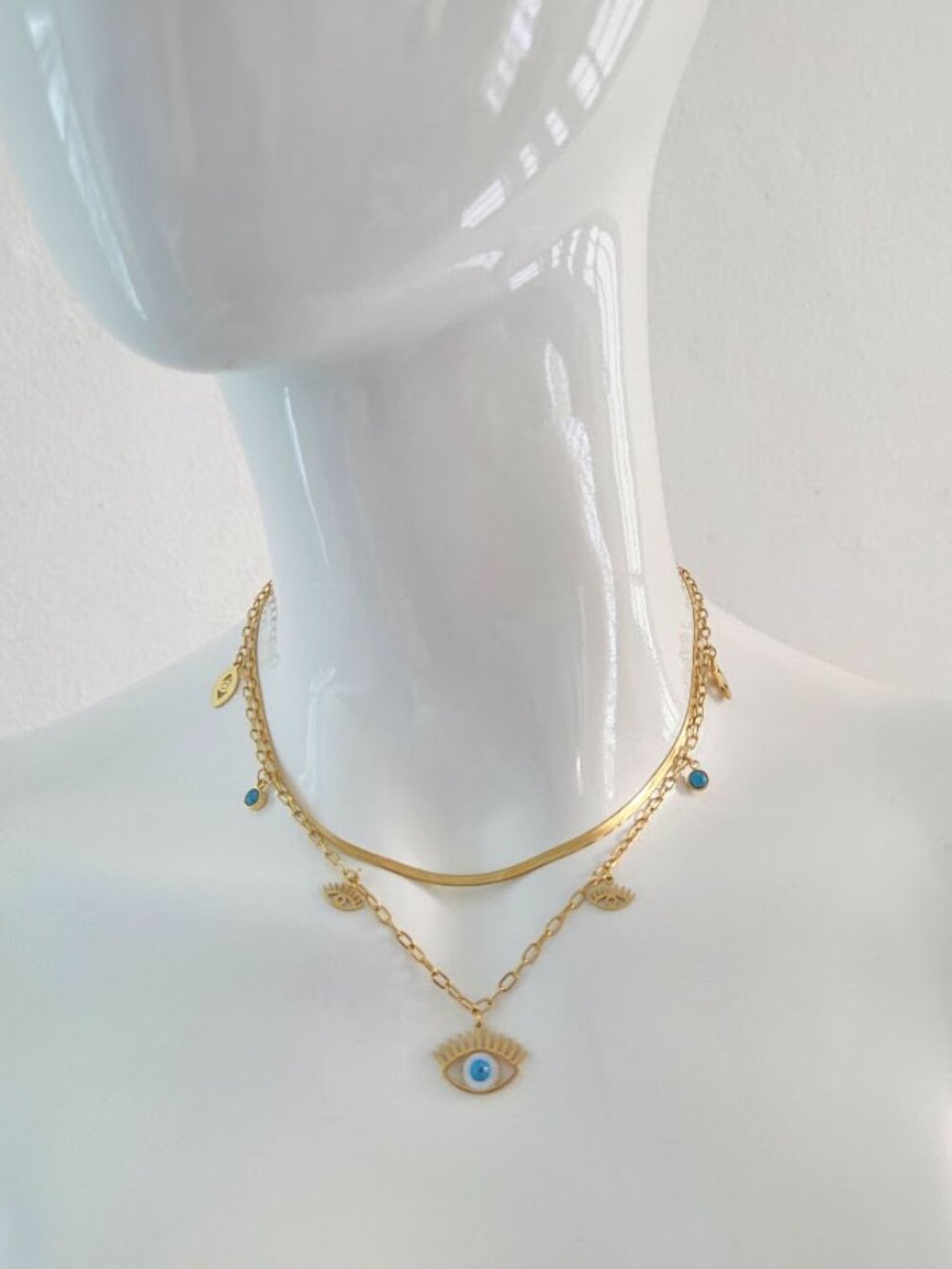 Gold Layered Evil Eye Necklace with Blue Eye Charms & Snake Chain - Picture 7 of 12